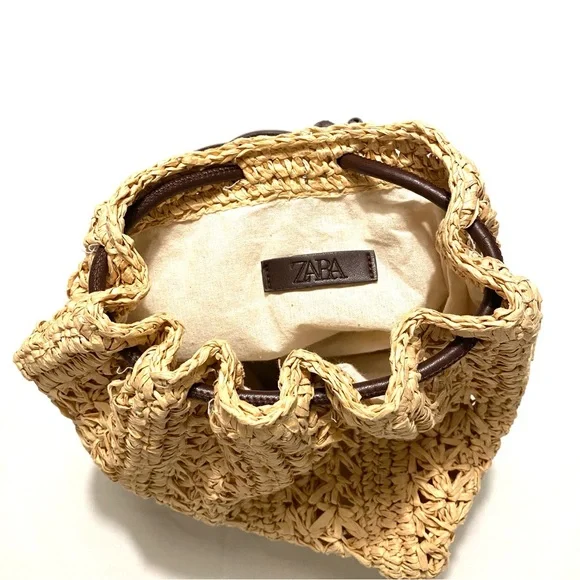 Zara Woven Raffia Straw Drawstring Backpack Tote Bag Neutral - Picture 2 of 15